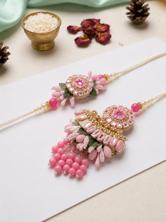 Pink Petal Kundan Bhaiya Bhabhi Rakhi Combo