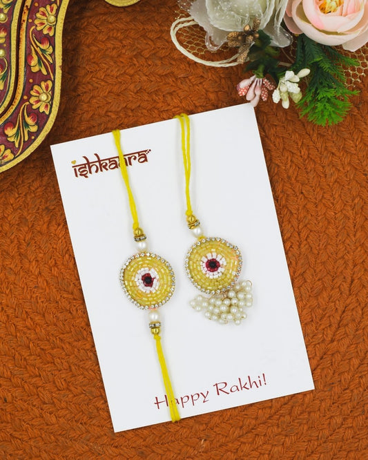 Yellow Evil Eye Bhaiya Bhabhi Rakhi Combo