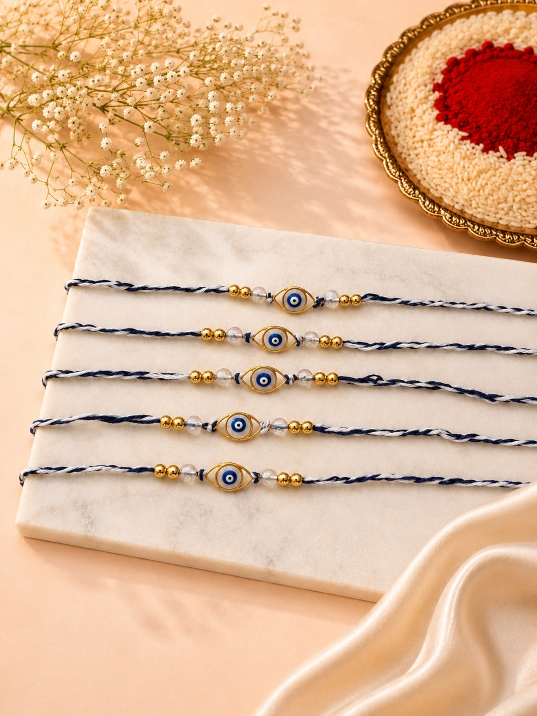 Set of 5 Evil Eye Beaded Thread Rakhi