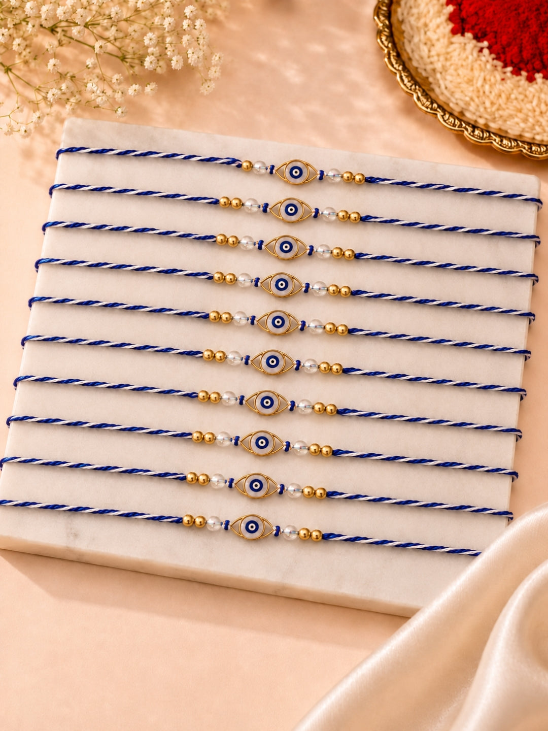 Set of 10 Evil Eye Beaded Thread Rakhi