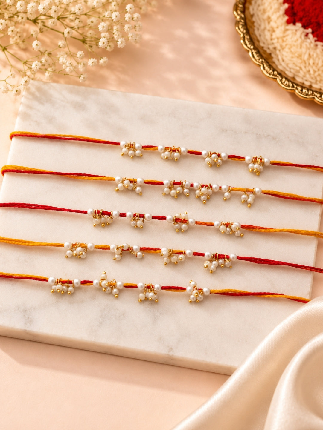 Set of 5 Pearl Thread Rakhi Combo