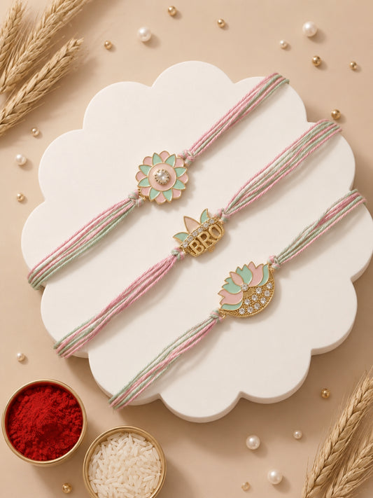 Set Of 3 Pastel Lotus Rakhi Combo