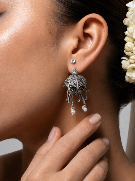 Elephant Charm Oxidised Earrings