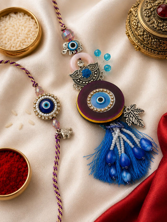 Evil Eye Tassel Bhaiya Bhabhi Rakhi Combo