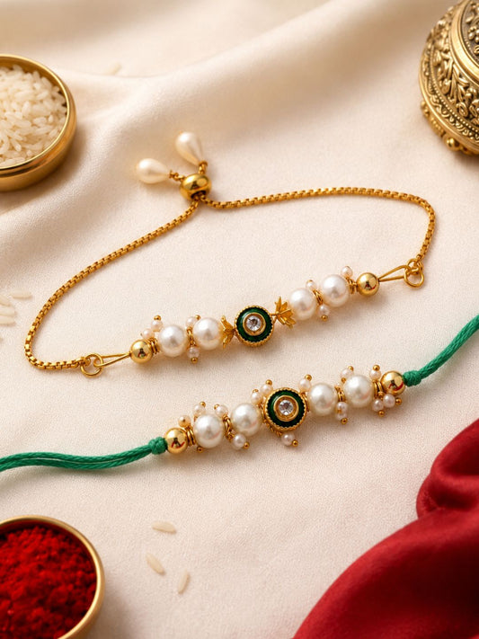 Mint Pearl Kundan Bhaiya Bhabhi Rakhi Combo